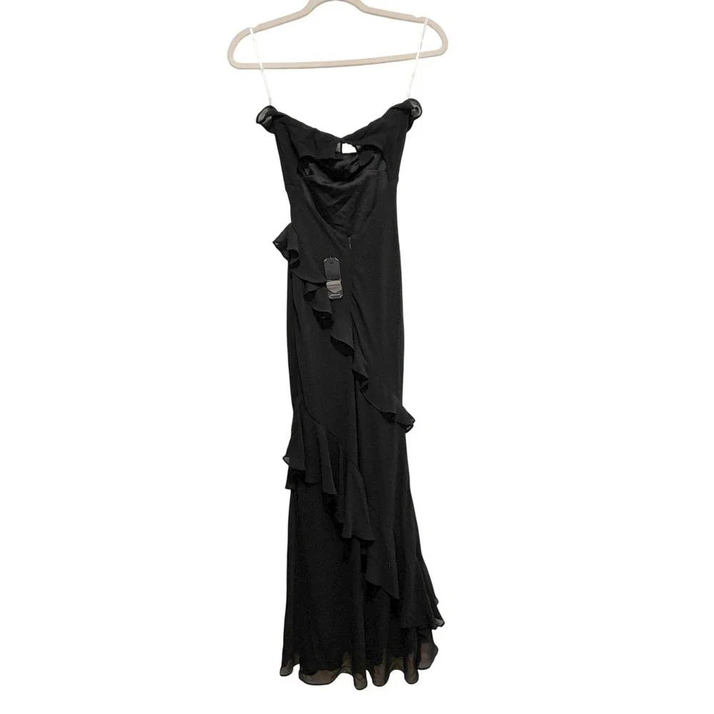 NWT Lulus Dramatic Allure Black Ruffled Cutout Strapless Maxi Dress XXS